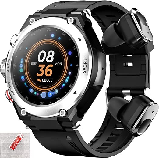 GUIQU Smart Watch with Bluetooth Headphones, Wireless Headphones 6D Stereo, 1.3 Inch Touch Screen, IP67 Waterproof GPS Sports Watch, with Talking, Men's Fitness Watch Tracker (Sci-Fi Silver)